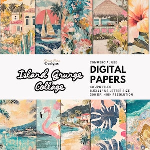 Insel Grunge, Digitales Papier, Tropische Strand Collage, Retro Sommer Journal Seiten, Küsten Ozean Hintergründe, Sommer Urlaub Scrapbook Papier