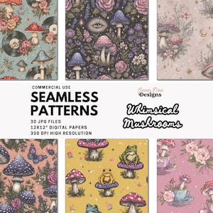 Peut inclure: Ensemble de motifs numériques sans couture avec des motifs de champignons fantaisistes. Les motifs présentent des illustrations de champignons, de fleurs et d'autres éléments inspirés de la nature. Le texte de l'image indique "Seamless Patterns".