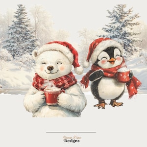 May include: A charming illustration of a polar bear and a penguin, both wearing Santa hats and red plaid scarves. They each hold a red mug with a snowflake design, enjoying a warm drink in a snowy winter scene. The image has the text "Eleven Nine Designs" at the bottom.