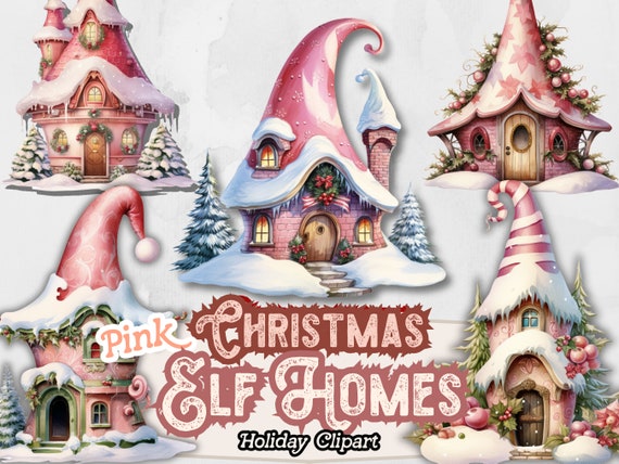 Pink Elf Clipart, Pink Christmas House PNG, North Pole Clipart, Christmas Village, Elf House Village, Santa's Village Digital Download