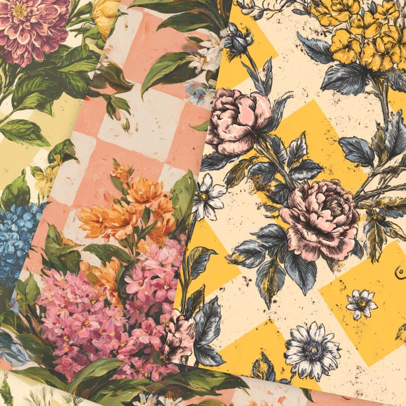 Pu&ograve; includere: Un collage di motivi floreali con vari fiori nei toni del rosa, giallo, arancione e blu. I disegni includono rose, dalie e altri fiori, su sfondi a scacchi e geometrici.