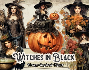 May include: Vintage-inspired clipart featuring several women in black dresses and witch hats. One woman sits on a large carved pumpkin. Other women hold an owl, flowers, and a cauldron. The text "Witches in Black" and "Vintage-Inspired Clipart" are also visible.