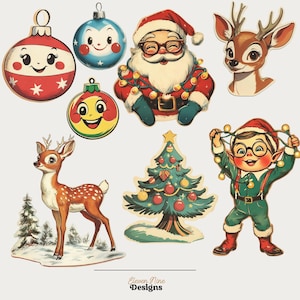 May include: A set of vintage Christmas decorations featuring a red and white striped ornament, a blue and white ornament, a yellow ornament with a smiling face, a Santa Claus, a Christmas tree with red and gold ornaments, a reindeer, and an elf holding Christmas lights.
