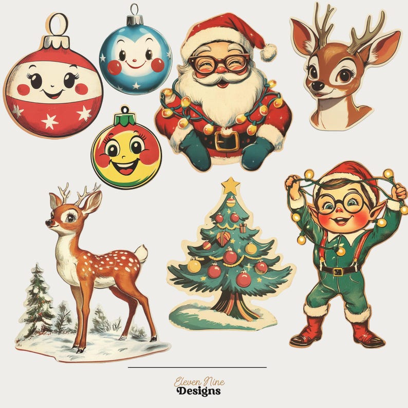 May include: A set of vintage Christmas decorations featuring a red and white striped ornament, a blue and white ornament, a yellow ornament with a smiling face, a Santa Claus, a Christmas tree with red and gold ornaments, a reindeer, and an elf holding Christmas lights.