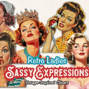 Clipart retrô vintage dos anos 1950, clipart de dona de casa PNG, boneca de papel PNG, diários de scrapbooking, clipart de download digital, artesanato em papel
