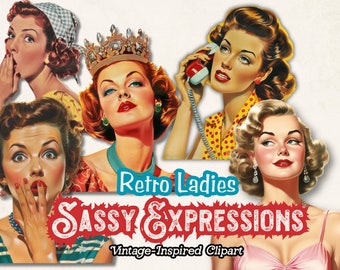 Clipart retrò vintage anni '50, Clipart casalinga PNG, Bambola di carta PNG, Diari di scrapbooking, Clipart di download digitale, Artigianato di carta