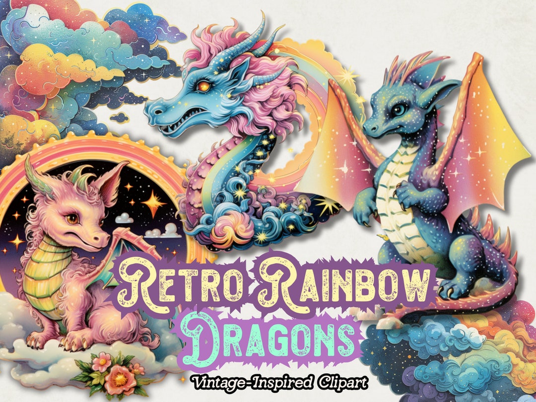 Retro Rainbow Dragons PNG, Fantasy Dragon PNG, Magical Fairytale Cute ...