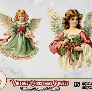 May include: Two vintage illustrations of angels with wings. The angel on the left is wearing a green dress with a red bow and white lace trim. The angel on the right is wearing a pink and white dress with a red bow and holding a wreath of holly.