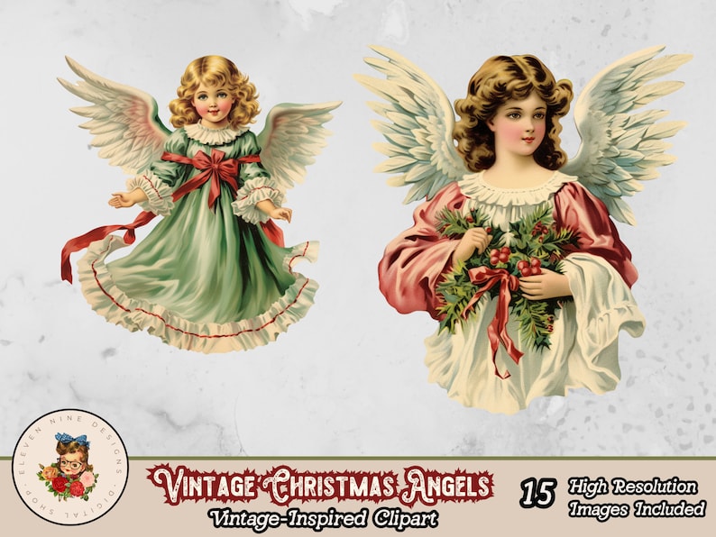 May include: Two vintage illustrations of angels with wings. The angel on the left is wearing a green dress with a red bow and white lace trim. The angel on the right is wearing a pink and white dress with a red bow and holding a wreath of holly.