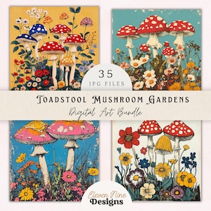 Art numérique champignon champignon champignon jardin - champignons cottagecore vintage, impressions botaniques, papier numérique art folklorique, ensemble d'illustrations de fleurs sauvages