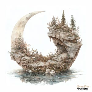 May include: Watercolor painting of a crescent moon-shaped island with a rocky cliffside, trees, and vegetation. The island is reflected in the water below. The artwork is signed "Eleven Nine Designs".