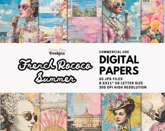 May include: A collection of digital papers with a French Rococo Summer theme. The artwork features pastel colors, portraits of women in period clothing, and scenic backgrounds. The text on the image reads "French Rococo Summer" and "Digital Papers". The papers are 8.5x11 inches.