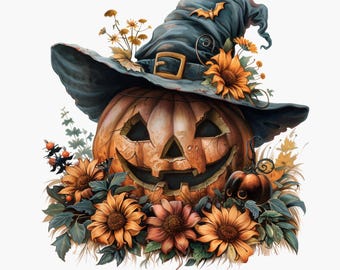 Pumpkin Witch Hat PNG, Halloween Jack O Lantern with Flowers, Fall Witch Decor Clipart, Spooky Autumn Floral Pumpkin Art, Transparent PNG