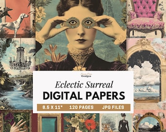 Surreal Digital Papers, Vintage Eclectic Printable Art, Floral Woman Portraits, Mixed Media Junk Journal Pages, Dream Ephemera Scrapbook Art