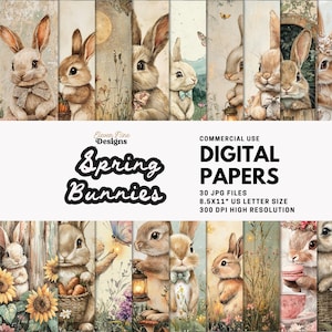 May include: 30 digital papers featuring adorable spring bunny illustrations in various poses and settings. The papers are 8.5x11 inches and 300 DPI high resolution.