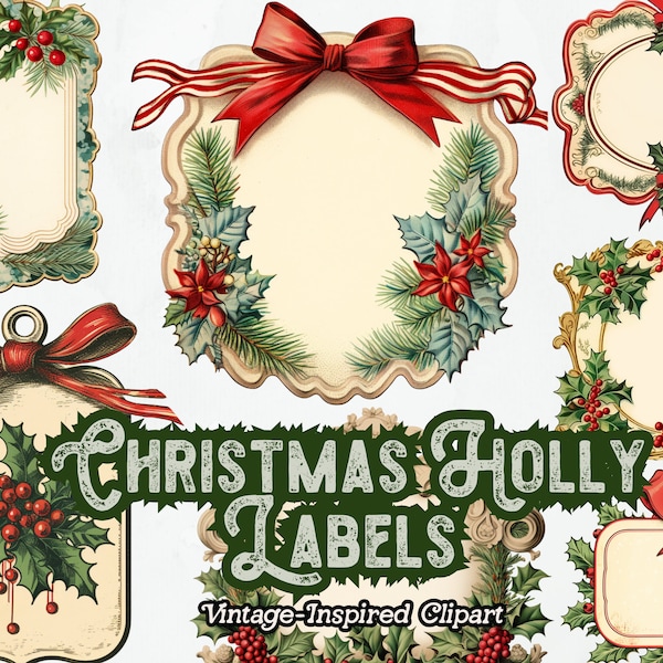 Christmas Labels Clipart, Christmas Holly PNG, Blank Gift Tags, Red and Green Christmas Frames Clipart, Christmas Embellishments