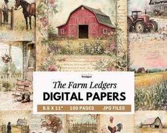 Vintage Farm Digital Paper, Farmhouse Junk Journal, Farm Animal Ledger Paper, Country Scrapbook Pages, Farm Animals Ledger Prints