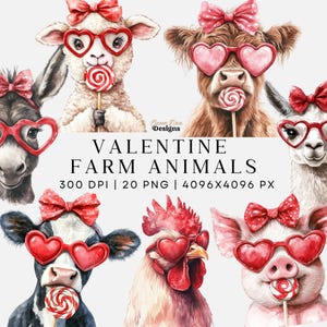 Ferme Saint-Valentin Clipart, vache Highland, coeur lunettes PNG, Country Western Saint-Valentin PNG, Design par sublimation PNG en téléchargement numérique