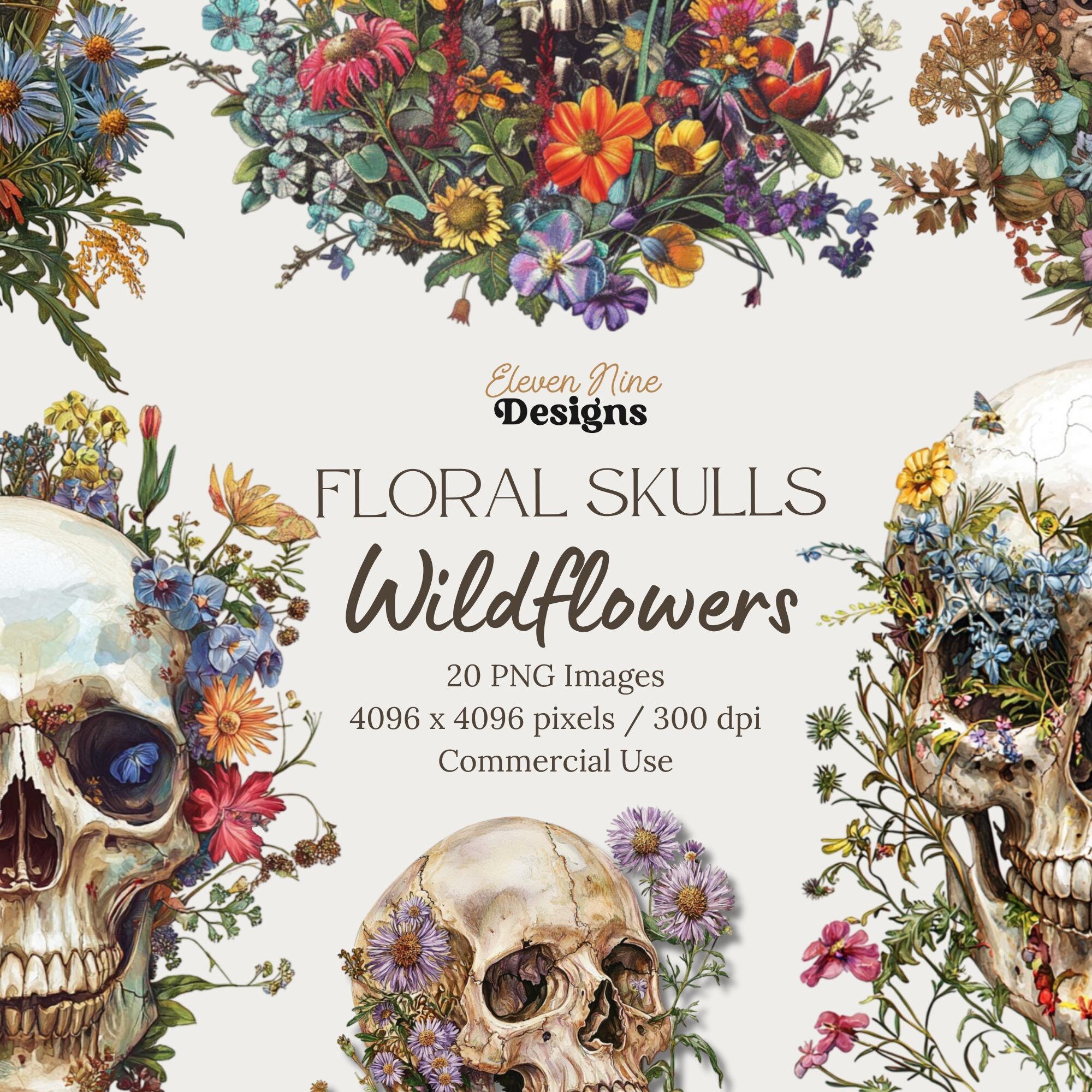 Wildflowers Skulls Clipart, Floral Skull PNG, Floral Skeleton