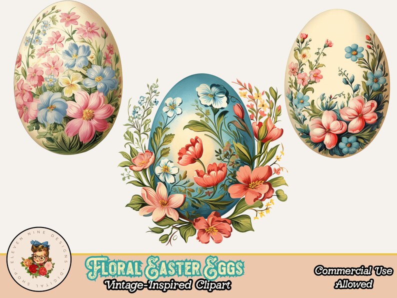 K&ouml;nnte beinhalten: Drei dekorative Ostereier mit floralen Designs. Die Eier zeigen eine Vielzahl von Blumen in Rosa-, Blau- und Gelbt&ouml;nen. Der Text "Floral Easter Eggs" und "Vintage-Inspired Clipart" ist ebenfalls sichtbar.