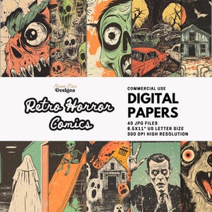 Papel digital de cómic de terror retro: páginas grunge de Halloween para diarios basura, collages, álbumes de recortes y manualidades espeluznantes, imprimibles de pulp art.