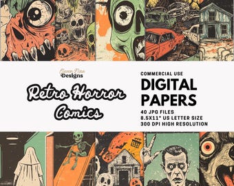 Retro Horror Comic Digitales Papier - Halloween Grunge Seiten für Junk Journals, Collage, Scrapbooking und gruselige Handarbeiten, Pulp Art Printables