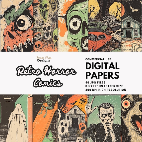 Retro Horror Comic Digital Paper – Halloween Grunge Pages for Junk Journals, Collage, Scrapbooking, and Creepy Crafts, Pulp Art Printables