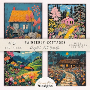 以下が含まれることがあります： 4つのコテージのデジタルアートバンドル。各画像は、カラフルな花と緑に囲まれたコテージを特徴としています。コテージは、明るい色と太い線で、気まぐれなスタイルで描かれています。画像は、あらゆるプロジェクトに魅力と気まぐれさを加えるのに最適です。