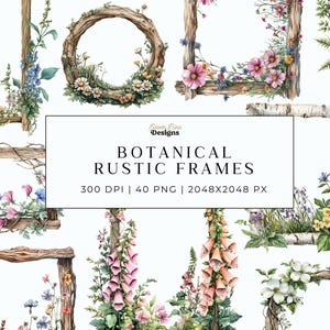 Puede incluir: Ilustraciones en acuarela de marcos rústicos botánicos. Los marcos son de madera y están adornados con varias flores y vegetación. La paleta de colores incluye rosa, azul, amarillo y verde. El texto de la imagen dice "Botanical Rustic Frames".