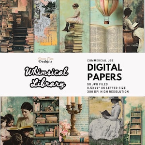 May include: Digital papers with a whimsical library theme. The image features vintage-style illustrations of books, a hot air balloon, and figures reading. The text includes "Whimsical Library" and "Digital Papers" with details about the file size and resolution.