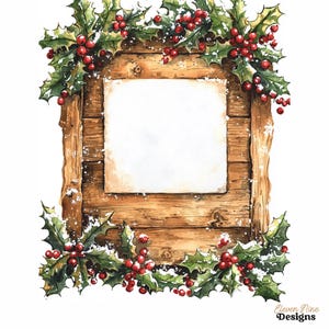 Könnte beinhalten: Aquarellillustration eines Holzschildes mit leerer weißer Mitte, umrahmt von Stechpalmenblättern und roten Beeren, mit Schnee bestäubt. Das Schild hat ein rustikales, verwittertes Aussehen, ideal für die Weihnachtsdekoration.