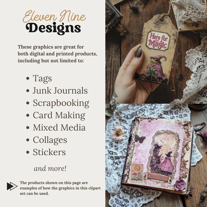 Op de afbeelding: Een digitale clipartset met illustraties van heksen, een kikker en een vlinder. De set bevat een tag met de tekst "Here for Magic" en een journalomslag met de tekst "Witchy Vibes".
