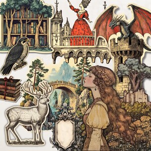 Pu&ograve; includere: Una collezione di adesivi in stile vintage con illustrazioni di una biblioteca, un falco, una donna in abito rosso, un drago, un castello, un cervo, un ponte e una donna in abito giallo. Gli adesivi hanno un tema fantasy.