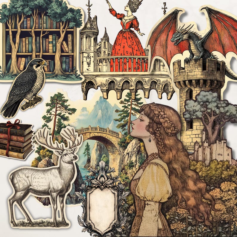 Pu&ograve; includere: Una collezione di adesivi in stile vintage con illustrazioni di una biblioteca, un falco, una donna in abito rosso, un drago, un castello, un cervo, un ponte e una donna in abito giallo. Gli adesivi hanno un tema fantasy.