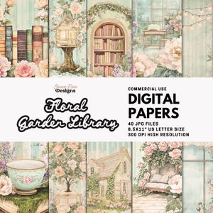 Vintage Blumenbuch Digitales Papier | Cottagecore Gartenbibliothek Scrapbookpapier | Romantische Rosen, antike Bücher, Shabby Chic Ephemera JPGs