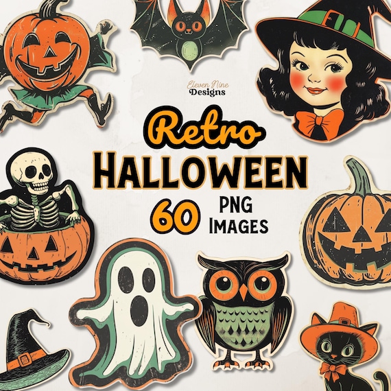 Vintage Halloween Stickers Clipart, Cute Halloween PNG, Fussy Cuts, Clipart for Scrapbooks, Journal, Digital Download, Pumpkins, Witches