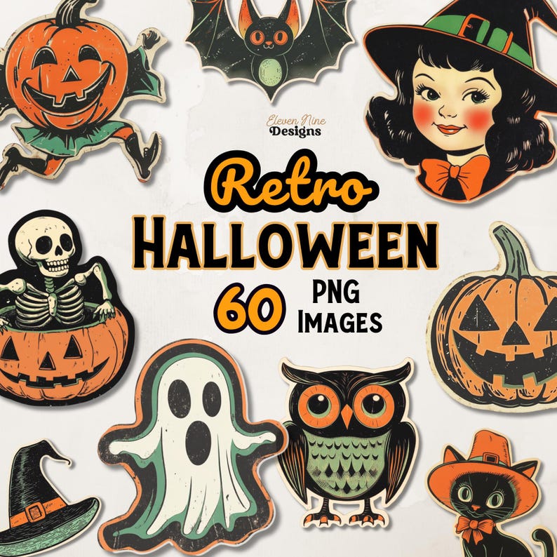 Puede incluir: Una colecci&oacute;n de ilustraciones digitales que muestra una calabaza corriendo, un murci&eacute;lago, una bruja, un esqueleto en una calabaza, una calabaza de Halloween, un fantasma, un b&uacute;ho, un sombrero de bruja y un gato con el texto Eleven Nine Designs Retro HALLOWEEN 60 PNG IMAGES.