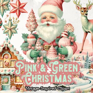 Imágenes prediseñadas de Navidad vintage, verde menta y rosa, imágenes prediseñadas de Navidad pastel retro PNG, para revistas basura, artesanías de papel, descarga digital