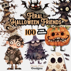 May include: A selection of digital Halloween images with spooky characters. The illustrations include a mummy, a pumpkin, a bat-like creature, a witch, a ghost, and a tree-like monster. The text "Feral Halloween Friends" and "100 PNG Images" are also present.