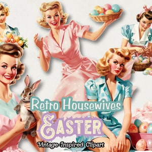 Rétro vintage des années 1950 Clipart, Easter Housewife Clipart PNG, Paper Doll PNG, Scrapbooking Journals, Digital Download Clipart, Paper Crafts