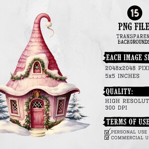 May include: A pink gingerbread house with white snow trim and red accents. The house is decorated with green garlands and red berries. The house is sitting on a white snowy background. 15 PNG files, transparent backgrounds, each image size: 2048x2048 pixels, 5x5 inches, high resolution, 300 DPI, terms of use: personal use, commercial use.