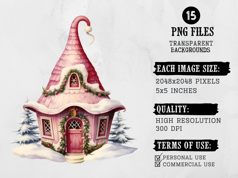 May include: A pink gingerbread house with white snow trim and red accents. The house is decorated with green garlands and red berries. The house is sitting on a white snowy background. 15 PNG files, transparent backgrounds, each image size: 2048x2048 pixels, 5x5 inches, high resolution, 300 DPI, terms of use: personal use, commercial use.