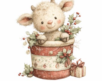 May include: A charming watercolour illustration of a fluffy goat in a red and cream container, adorned with holly and berries. A small gift box with a red ribbon is placed beside the container. The image has a festive, Christmas theme.
