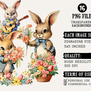 May include: A set of 16 digital images featuring three cartoon bunnies holding flowers and a guitar. The images are high resolution and have transparent backgrounds. Each image is 2048x2048 pixels, or 5x5 inches.