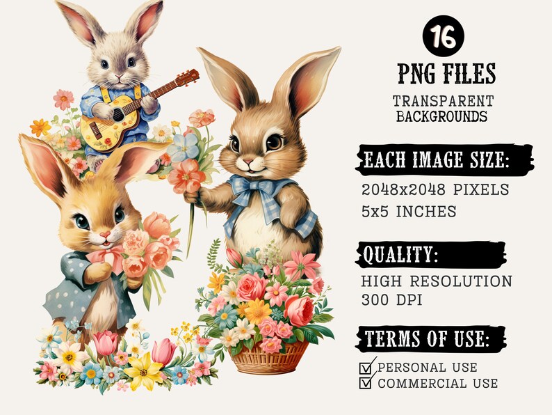 May include: A set of 16 digital images featuring three cartoon bunnies holding flowers and a guitar. The images are high resolution and have transparent backgrounds. Each image is 2048x2048 pixels, or 5x5 inches.