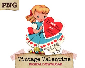 Vintage Valentines PNG, Retro Valentines, Sewing Clipart, Knitting PNG, Valentine Digital Download, Valentine for Him, Digital Valentine