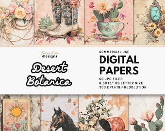 Desert Botanical Digital Paper, Vintage Western Floral & Cactus, Boho Rustic JPGs for Scrapbooking, Junk Journals, Art Collage, and Crafts