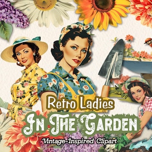 Clipart rétro vintage des années 50, femme au foyer PNG, clipart jardinage, poupée en papier PNG, carnets de scrapbooking, téléchargement numérique, travaux manuels en papier