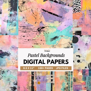 Könnte beinhalten: Eine Sammlung digitaler Papiere in Pastellfarben mit abstrakten Designs. Die Papiere weisen eine Vielzahl von Texturen und Pinselstrichen in Rosa-, Blau-, Orange- und Lilatönen auf. Der Text auf dem Bild lautet "Pastel Backgrounds DIGITAL PAPERS 8.5 X 11" 150+ PAGES JPG FILES."
