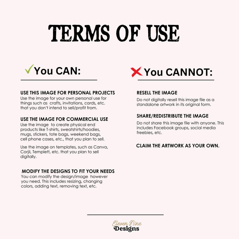 May include: A graphic with a green checkmark and a red X, outlining the terms of use for an image. The text reads "You CAN:" and "You CANNOT:" with a list of permitted and prohibited uses for the image.